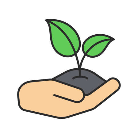 Open hand with sprout color icon. Environment protection or  Agriculture. Isolated vector illustrationのイラスト素材