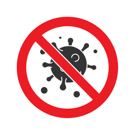 Forbidden sign with virus particle glyph icon. Stop silhouette symbol. Antiviral immunity. Negative space. Vector isolated illustrationのイラスト素材