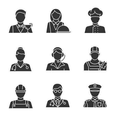 Professions glyph icons set. Occupations. Doctor, call center operator, cook, policeman, builder, cleaner, barman, waitress. Silhouette symbols. Vector isolated illustrationのイラスト素材