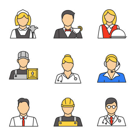 Professions color icons set. Maid, barman, waitress, loader man, courier, doctor, call center operator, office worker, builder. Isolated vector illustrationsのイラスト素材