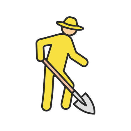 Farmer working with shovel color icon. Agricultural worker. Isolated vector illustrationのイラスト素材