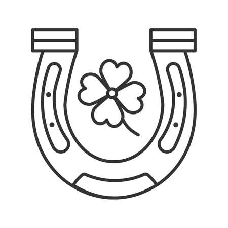 Horseshoe and four leaf clover linear icon. Symbols of success and good luck. Thin line illustration. Contour symbol. Vector isolated outline drawingのイラスト素材