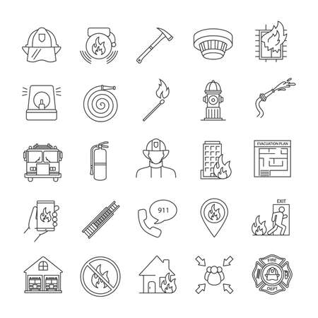 Firefighting linear icons set. Fire station equipment. Thin line contour symbols. Isolated vector outline illustrationsのイラスト素材