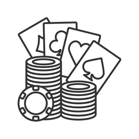 Casino chips stack with playing cards linear icon. Poker. Thin line illustration. Casino contour symbol. Vector isolated outline drawingのイラスト素材