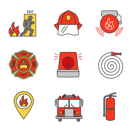 Firefighting color icons set. Emergency exit, hard hat, alarm bell, fireman siren, fire location, extinguisher, firetruck, firefighter's badge, hose. Isolated vector illustrationのイラスト素材