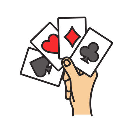 Hand holding four acescolor icon. Playing cards. Poker. Kare. Isolated vector illustrationのイラスト素材