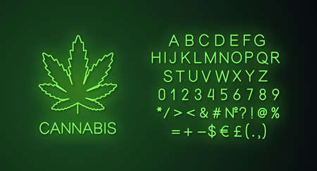 Marijuana leaf neon light banner template. Cannabis. Website glowing menu item. Vector isolated illustrationのイラスト素材