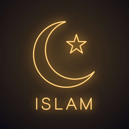 Star and crescent moon neon light icon.のイラスト素材