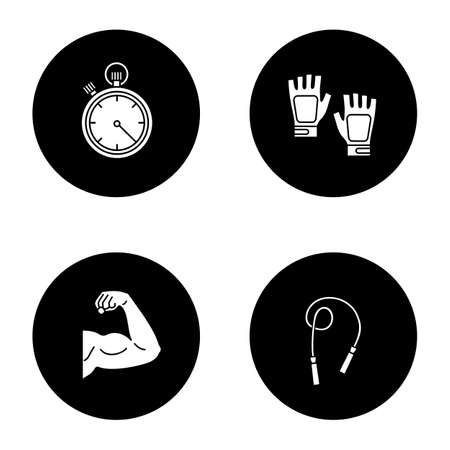 Fitness Glyph Icons Set Sport Equipment Jump Rope Bicep Muscle Finger Less Gym Gloves Stopwatch Vector White Silhouettes Illustrations In Black Circles のイラスト素材 ストックフォト 写真素材のstock Foto ストックドットフォト