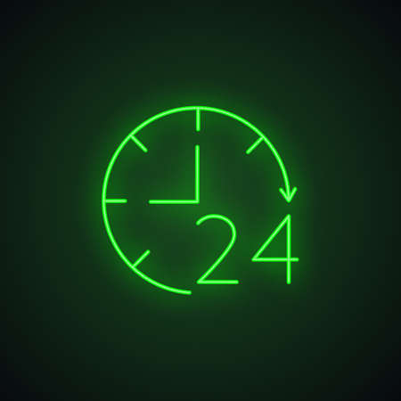 Open around the clock neon light icon. Glowing sign. Open 24 hours a day. Vector isolated illustrationのイラスト素材