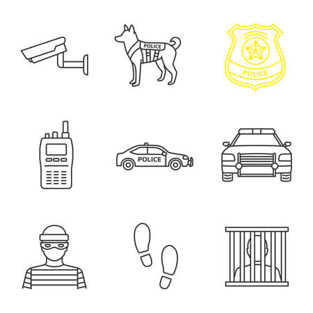 Police linear icons set. Surveillance camera, military dog, police badge, walkie talkie, car, robber, footprints, prisoner. Thin line contour symbols. Isolated vector outline illustrationsのイラスト素材