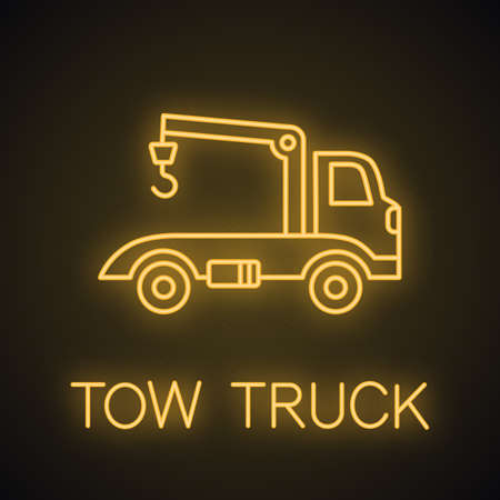 Tow truck neon light icon. Car wrecker. Evacuator glowing sign. Vector isolated illustrationのイラスト素材
