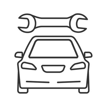 Car with spanner linear icon. Auto workshop. Thin line illustration. Repair service. Contour symbol. Vector isolated outline drawingのイラスト素材