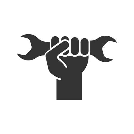 Hand holding wrench glyph icon. Double open ended spanner. Silhouette symbol. Negative space. Vector isolated illustrationのイラスト素材