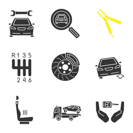 Auto workshop glyph icons set. Repair service, car searching, auto jumper, gear stick, disk brake, jack, heated seat, tow truck, key in hands. Silhouette symbols. Vector isolated illustrationのイラスト素材