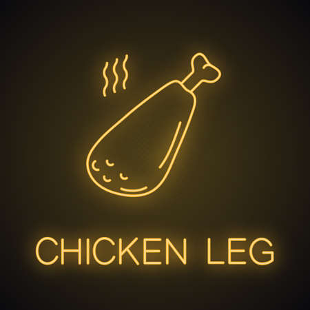 Hot fried chicken leg neon light icon. Glowing sign. Grilled turkey drumstick. Vector isolated illustrationのイラスト素材