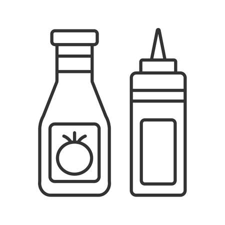 Ketchup and mustard linear icon. Thin line illustration. Condiment bottles. Contour symbol. Vector isolated drawingのイラスト素材