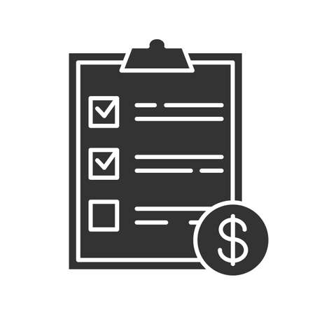 Service list with dollar sign glyph icon. Business document. Invoice. Silhouette symbol. Negative space. Vector isolated illustrationのイラスト素材