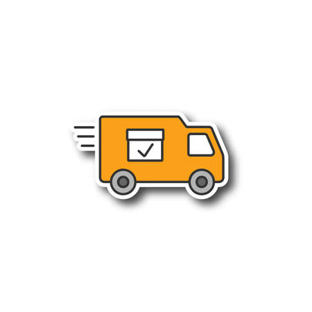 Delivery van with checkmark patch. Color sticker. Fast shipping. Freight transport. Vector isolated illustrationのイラスト素材