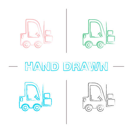 Forklift hand drawn icons set. Color brush stroke. Lift truck. Isolated vector sketchy illustrationsのイラスト素材