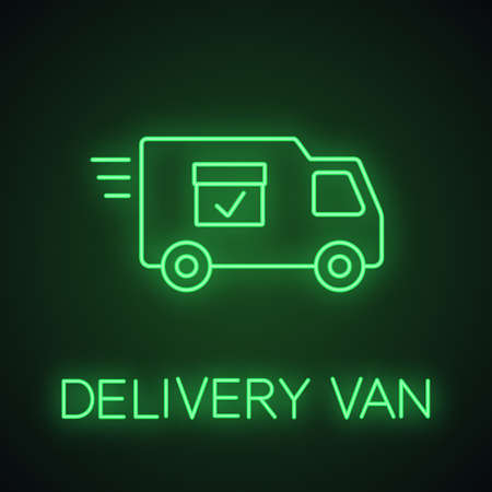 Delivery van with checkmark neon light icon. Freight transport. Fast shipping glowing sign. Vector isolated illustrationのイラスト素材