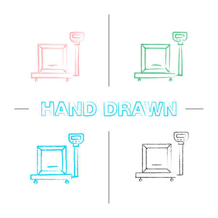 Parcel scales hand drawn icons set. Color brush stroke. Cargo weighing. Isolated vector sketchy illustrationsのイラスト素材