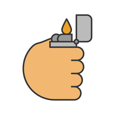 Hand holding flip lighter color icon. Smoker hand. Isolated vector illustrationのイラスト素材