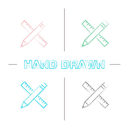 Ruler and pencil hand drawn icons set. Color brush stroke. Drawing and drafting tools. Isolated vector sketchy illustrationsのイラスト素材
