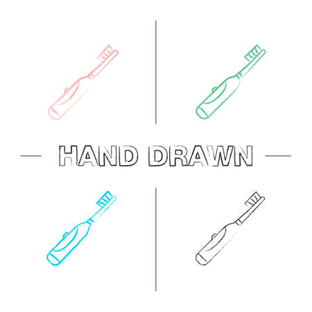 Electric toothbrush hand drawn icons set. Color brush stroke. Teeth cleaning. Isolated vector sketchy illustrationsのイラスト素材