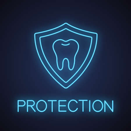 Teeth protection neon light icon. Stomatology glowing sign. Tooth inside shield. Vector isolated illustrationのイラスト素材