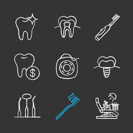 Dentistry chalk icons set. Healthy tooth structure, electric toothbrush, dental service prices, implant, stomatological instruments, floss, dental chair. Isolated vector chalkboard illustrationsのイラスト素材