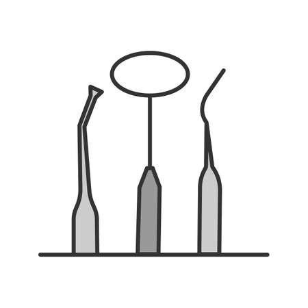 Dental instruments color icon. Mouth mirror, dental probe and dentist's excavator. Isolated vector illustrationのイラスト素材