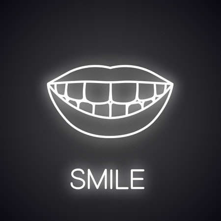 Beautiful smile with healthy teeth neon light icon. Stomatology glowing sign. Vector isolated illustrationのイラスト素材