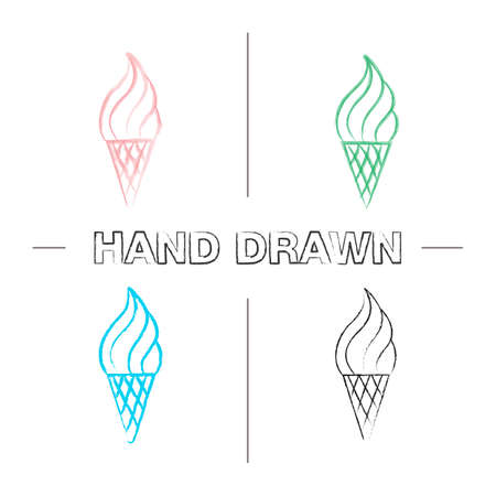 Ice cream cone hand drawn icons set. Color brush stroke. Isolated vector sketchy illustrationsのイラスト素材