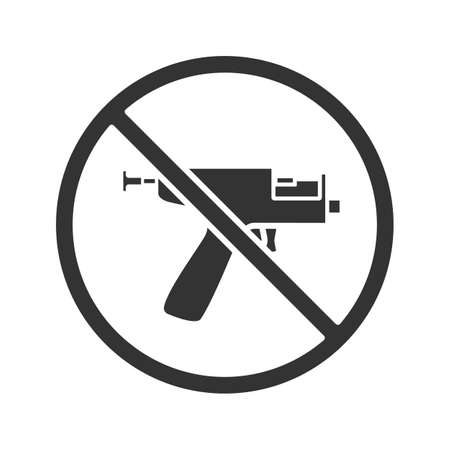 Forbidden sign with piercing gun glyph icon. No ear piercing instruments prohibition. Silhouette symbol. Negative space. Vector isolated illustrationのイラスト素材
