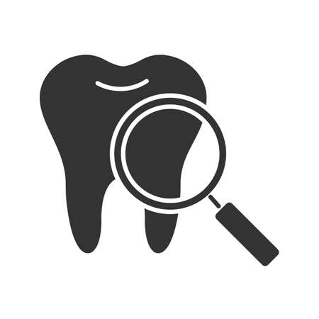 Teeth medical check glyph icon. Silhouette symbol. Tooth with magnifying glass. Negative space. Vector isolated illustrationのイラスト素材