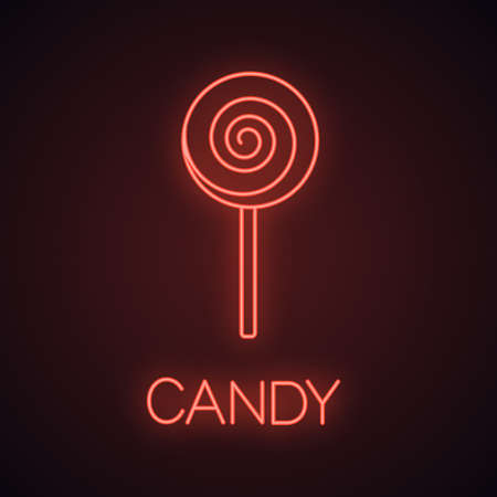 Spiral lollipop neon light icon. Lolly. Sugar candy glowing sign. Vector isolated illustrationのイラスト素材