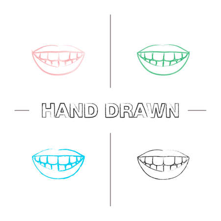 Beautiful smile with healthy teeth hand drawn icons set. Color brush stroke. Isolated vector sketchy illustrationsのイラスト素材