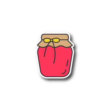 Strawberry jam jar patch. Fruit preserve. Color sticker. Vector isolated illustration