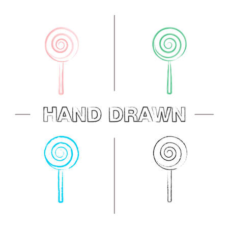 Spiral lollipop hand drawn icons set. Color brush stroke. Lolly. Sugar candyIsolated vector sketchy illustrationsのイラスト素材
