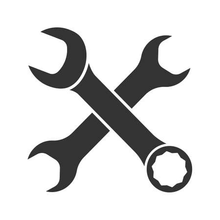 Crossed wrenches glyph icon. Silhouette symbol. Double open ended and combination spanners. Negative space. Vector isolated illustrationのイラスト素材