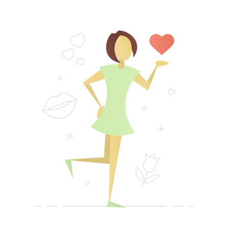 Girl giving air kiss flat character design. Woman holding heart in hand. Lady fallen in love. Vector isolated illustrationのイラスト素材