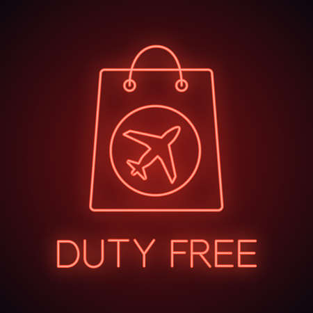 Duty free purchase neon light icon. Shopping bag with airplane. Glowing sign. Vector isolated illustrationのイラスト素材