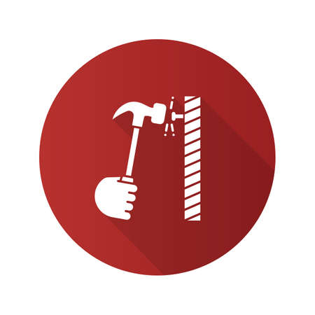 Hand hammering nail flat linear long shadow icon. Builder's hand. Vector outline symbolのイラスト素材