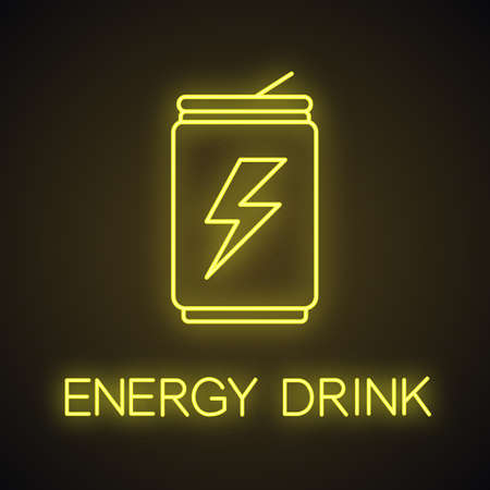 Energy drink can neon light icon. Aluminium can with beverage. Glowing sign. Vector isolated illustrationのイラスト素材
