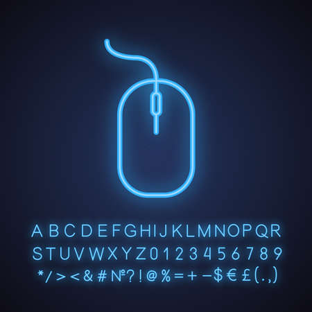 Computer mouse neon light icon. Glowing sign with alphabet, numbers and symbols. Vector isolated illustrationのイラスト素材