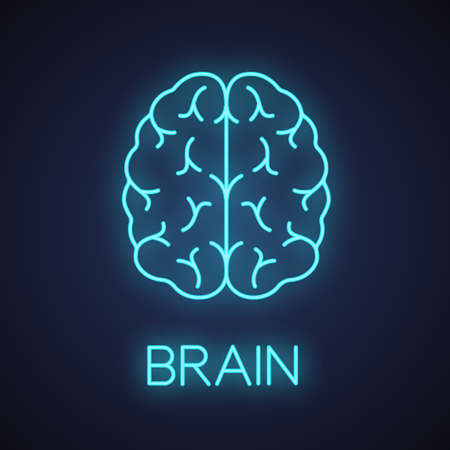 Human brain neon light icon. Nervous system organ. Glowing sign. Vector isolated illustration