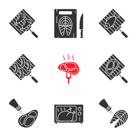 Food preparation glyph icons set. Barbecue. Grilling, salting, cutting, fish cooking in microwave oven, meat and sausages. Silhouette symbols. Vector isolated illustrationのイラスト素材