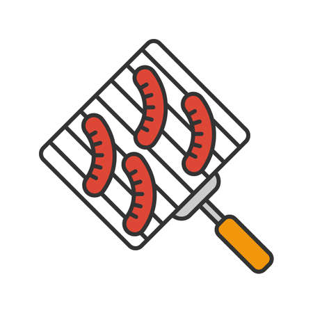 Hand grill with sausages color icon. Barbecue grid. Isolated vector illustrationのイラスト素材