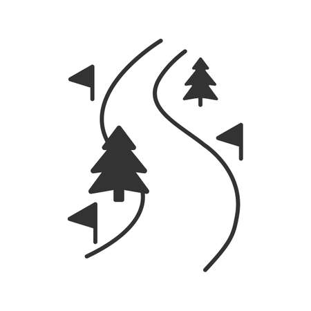 Ski route glyph icon. Winter forest road. Mountain landscape. Silhouette symbol. Negative space. Vector isolated illustrationのイラスト素材